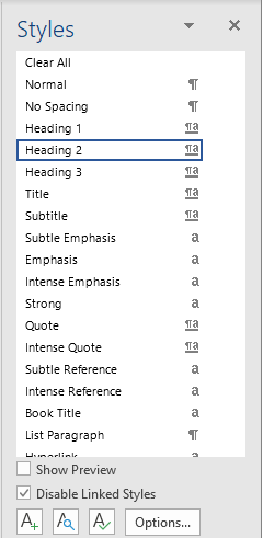 Styles pane showing list of styles